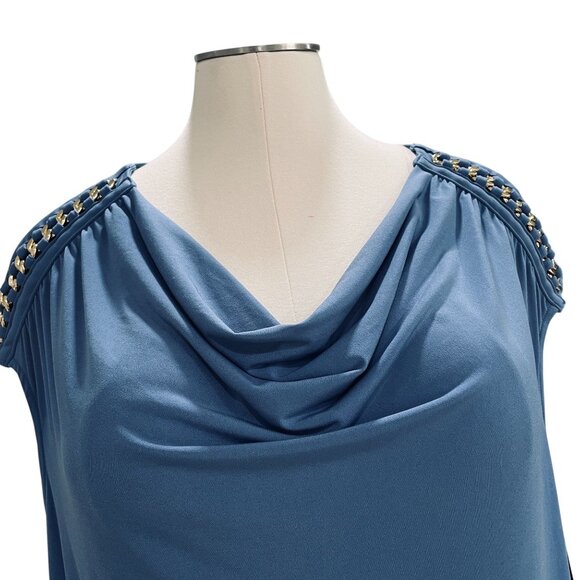 INC Blue Cowl Neck Cap Sleeve Top Plus SZ 3X Gold Chain Shoulder Embellished NWT - Picture 10 of 12